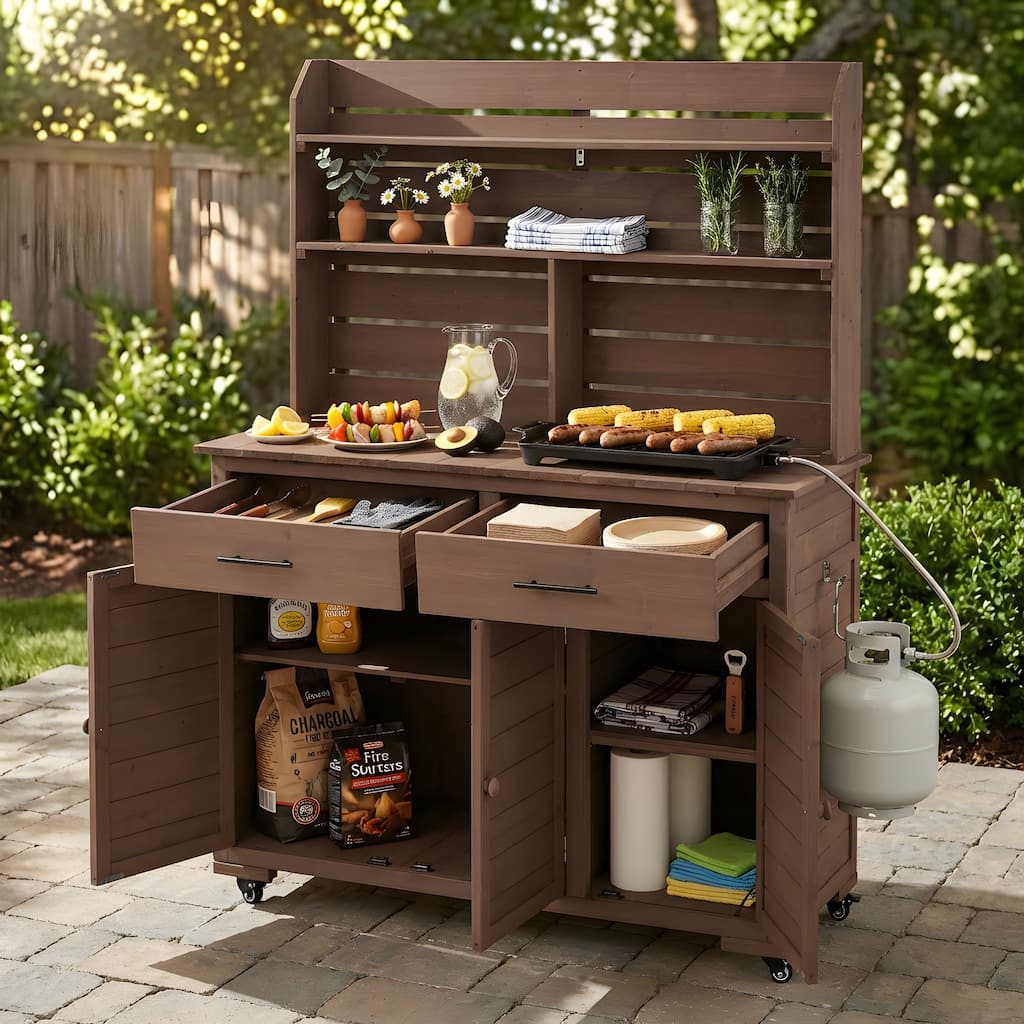 65"H Large Garden Potting Bench with Lockable Wheels and Storage Cabinet, Wood Cart with Hutch Top, Drawers and Removal Shelves