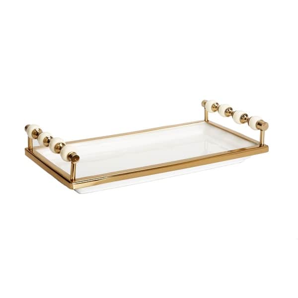 White Rectangular Tray with White and Gold beaded Handles