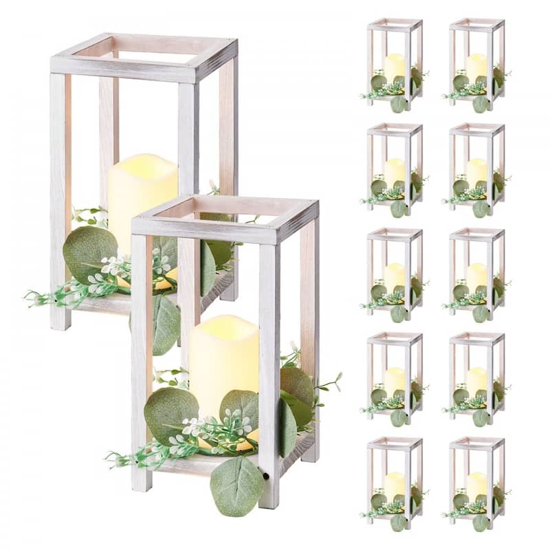 Wooden Wedding Lantern Set with LED Candles and Eucalyptus Wreath Rustic Cedar Table - 36 pc - White