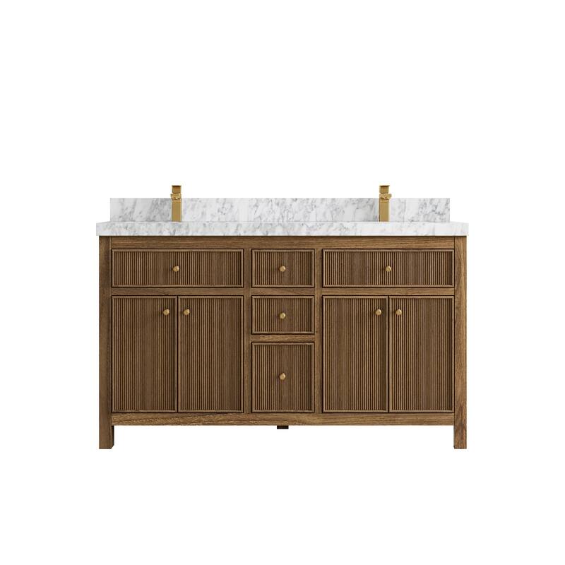 Willow Collections 60 in. W x 22 in. D Sonoma Teak Double Sink Bathroom Vanity with Countertop - 2" Carrara Marble - Dark Natural