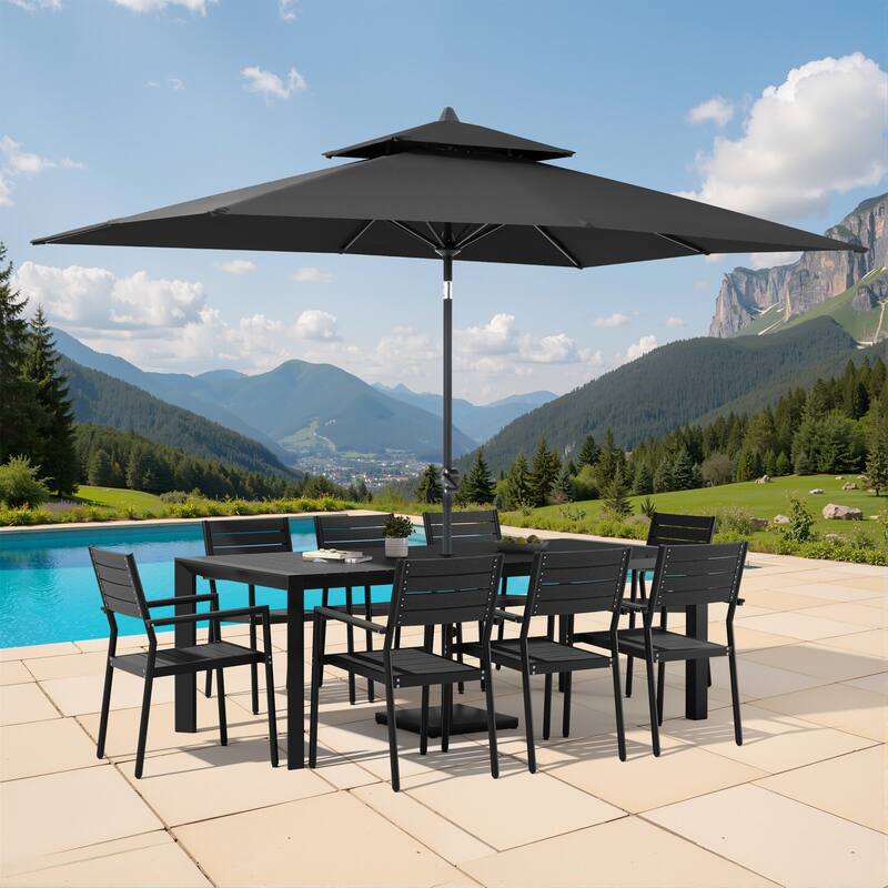 9/11-Piece Outdoor Patio Dining Set Aluminum Dining Table and Stackable Chairs w/10 ft Market Umbrella and Base - Set of 11 - Black Table with Black Umbrella