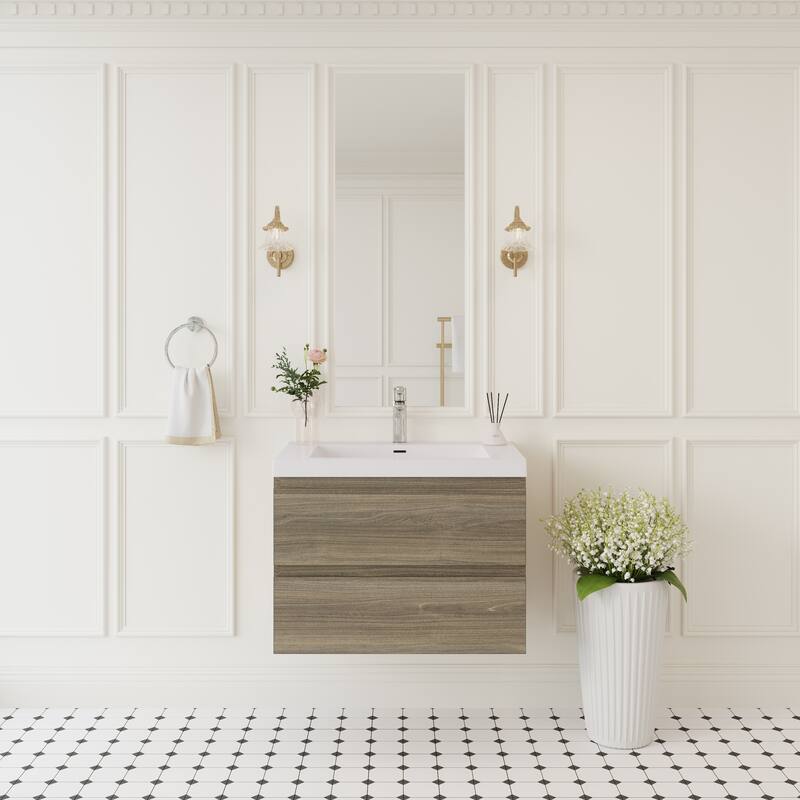 Modern Wall-Mounted Bathroom Vanity with White Solid Surface Top - 29.53'' x 19.69'' x 22.44'' - Grey