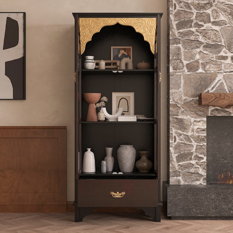 Oak Finish Fir Wood Wooden Curio Cabinet Display Storage Case Bathroom Cabinet Bookcase - 70.9"Hx31.5"W