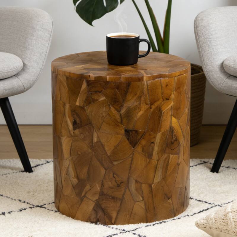 Handcrafted Chips Teak Wood Coffee Table Accent Side Table Stool - Middle - Natural