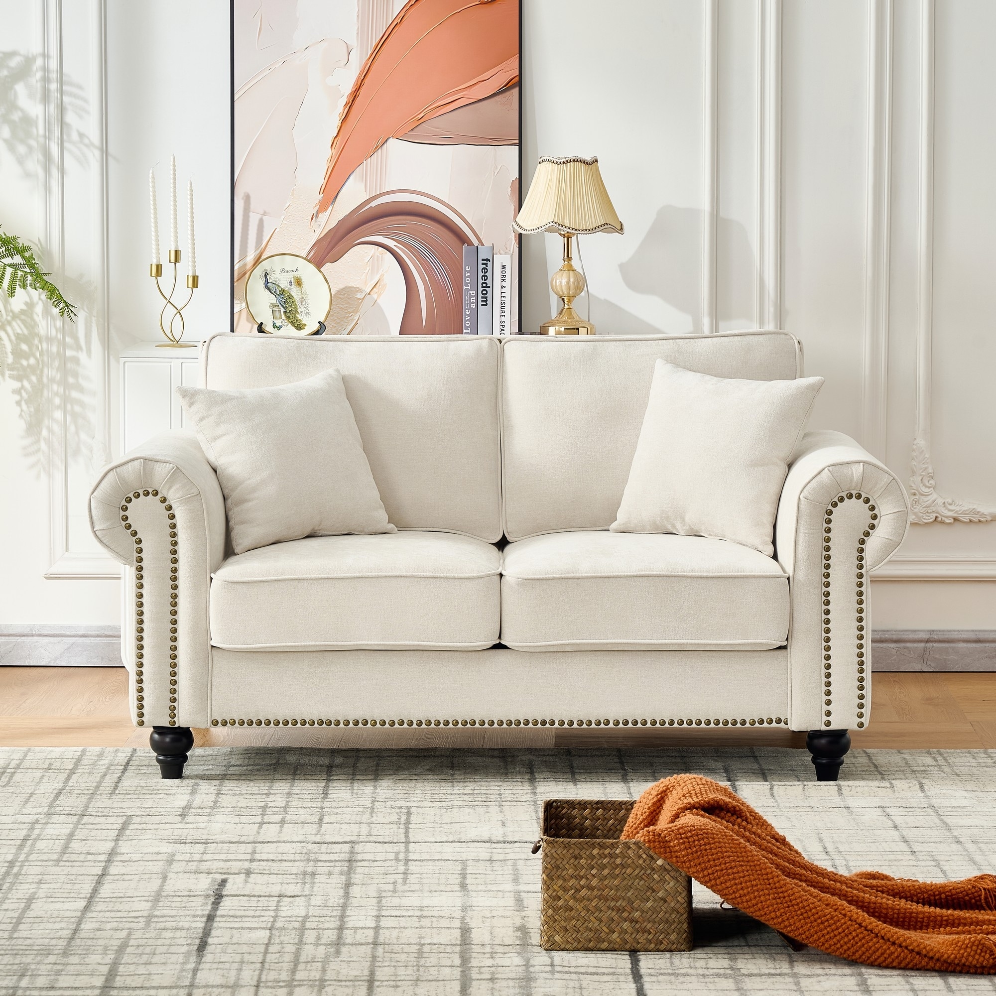 Classic Small Chenille Sofa, Traditional Rolled Arms Sofa with Nailhead Trim, Upholstered Living Room Couch