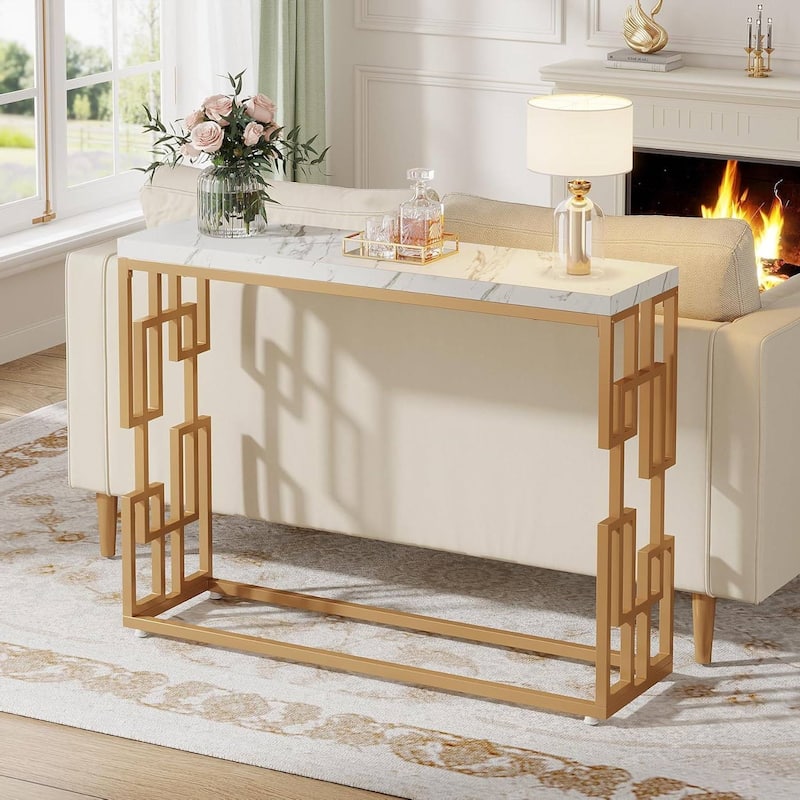 White Gold MDF Wood Console Sofa Table with Faux Marble Top and Metal Frame - 11.81"D x 42.51"W x 31.49"H