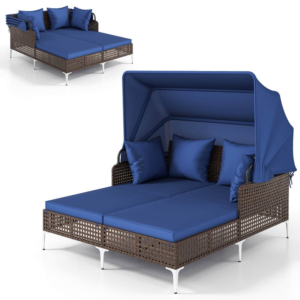 Costway Outdoor Rattan Double Daybed with Retractable Canopy & Seat - See Details