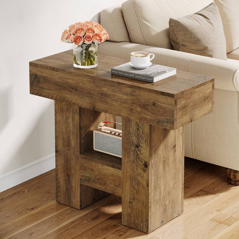 31.5 Inches Rustic Sofa Side Table with 2-Tier Storage Shelf