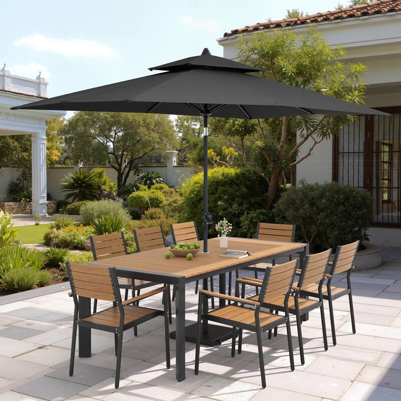9/11-Piece Patio Dining Set Aluminum Dining Table and Chairs w/10 ft Market Umbrella and Base with Wheels