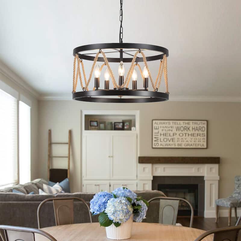 Modern 5-Light Hand-Woven Hemp Rope Drum Chandelier for Dining Room, Classic Semi Flush Mount Chandelier - W19.68"x H9.44"