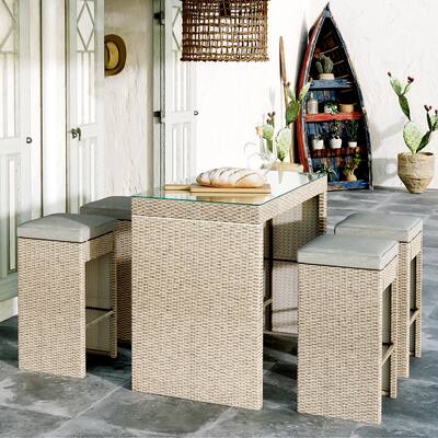 5-piece Rattan Outdoor Patio Furniture Set Bar Dining Table Set with 4