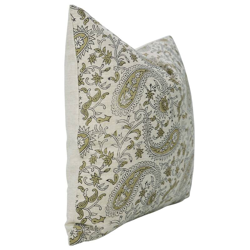 Fabdivine Linen Green Sustainable Home Throw Decorative Pillow Cover for Fall Paisley Bedroom or Dining 18x18 Inch, Kiara