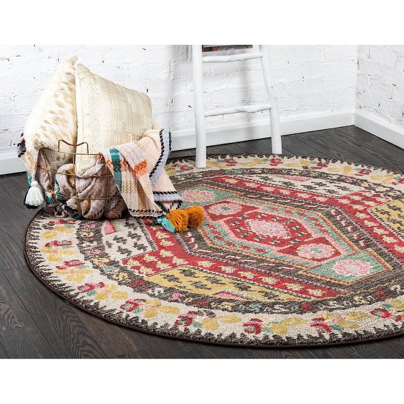 Contemporary Tazetta Collection Area Rug - 6' Round - Multi