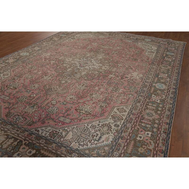 Distressed Pink Tabriz Vintage Persian Rug Hand-Knotted Wool Carpet - 9'2" x 12'8"
