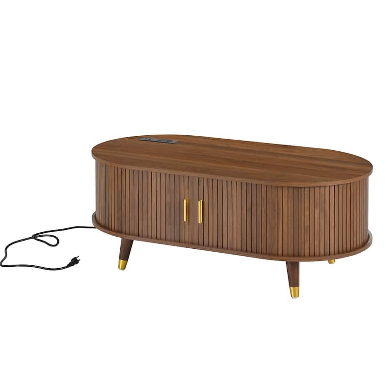 Mid-Century Modern Oval Coffee Table with Sliding Tambour Door, Charging Station and Solid Wood Legs, for Living Room