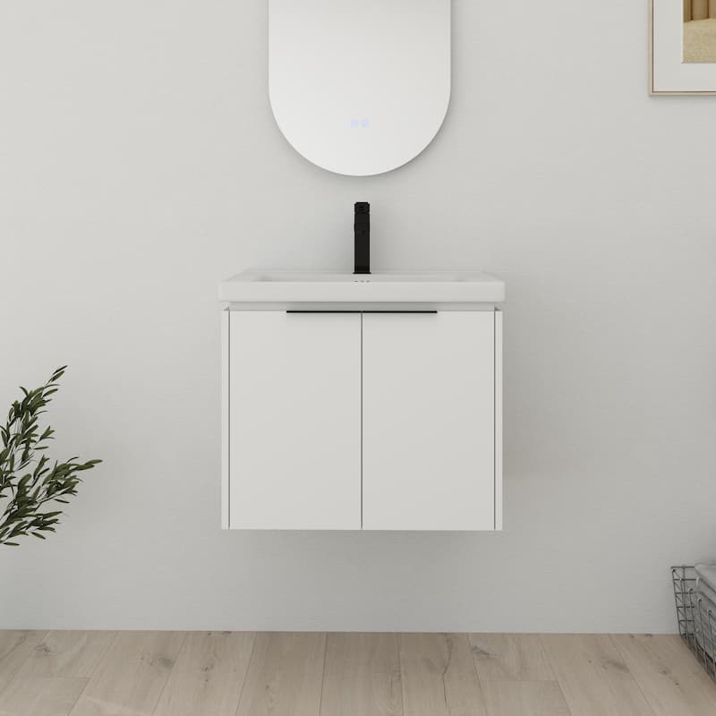 Bathroom Vanity With Sink In 24/36/48/60/72/84 Inch, Floating Bathroom Vanity With Soft Close Door and Shelf - 23.8"W - White-Ceramic Sink