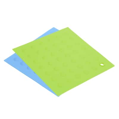 Silicone Trivet Mats 2pcs, Square Dots Dish Drying Mat- Light Blue, Green - Light Blue, Green