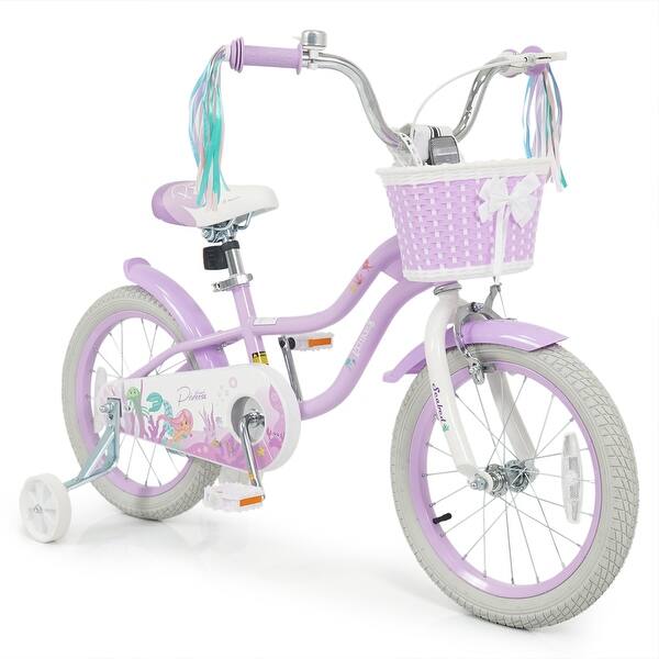slide 2 of 10, Gymax 16'' Kids Bike w/Training Wheels Hand Coaster Brakes Adjustable - Purple Purple - Kids