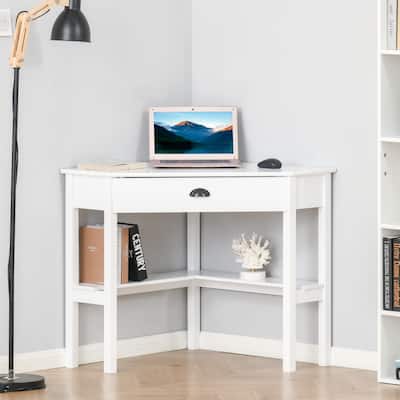 HOMCOM Corner Desk, Triangle Computer Desk with Drawer and Storage Shelves for Small Space
