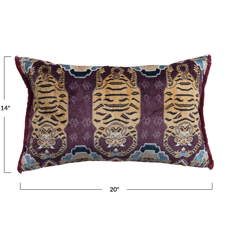 Cotton Velvet Printed Lumbar Pillow with Pattern, Beads and Fringe