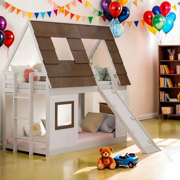 slide 2 of 31, Twin Size Wood House Bunk Bed with Window Roof Shape Design and Ladder and Climbing Ramp For Home Brown+White