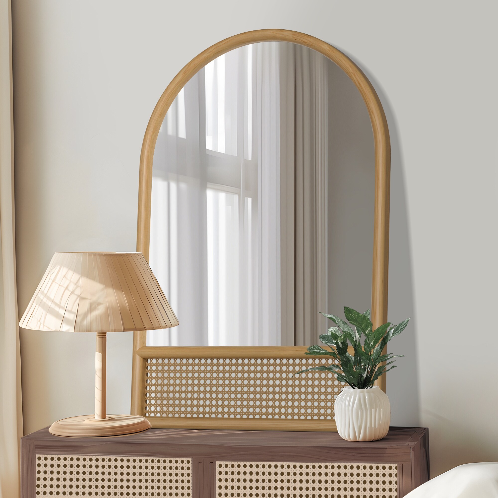 Wooden Right Angle Arched Two Tone Full Wall Mirror with Stand