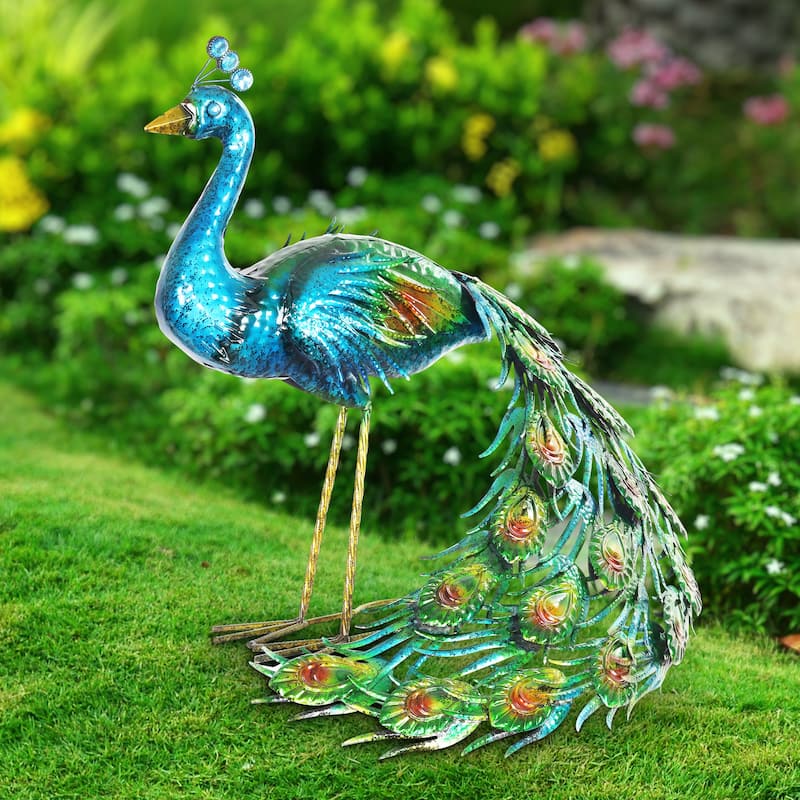 Exhart Hand Painted Majestic Metal Standing Peacock Garden Statue, 15 by 24 Inches