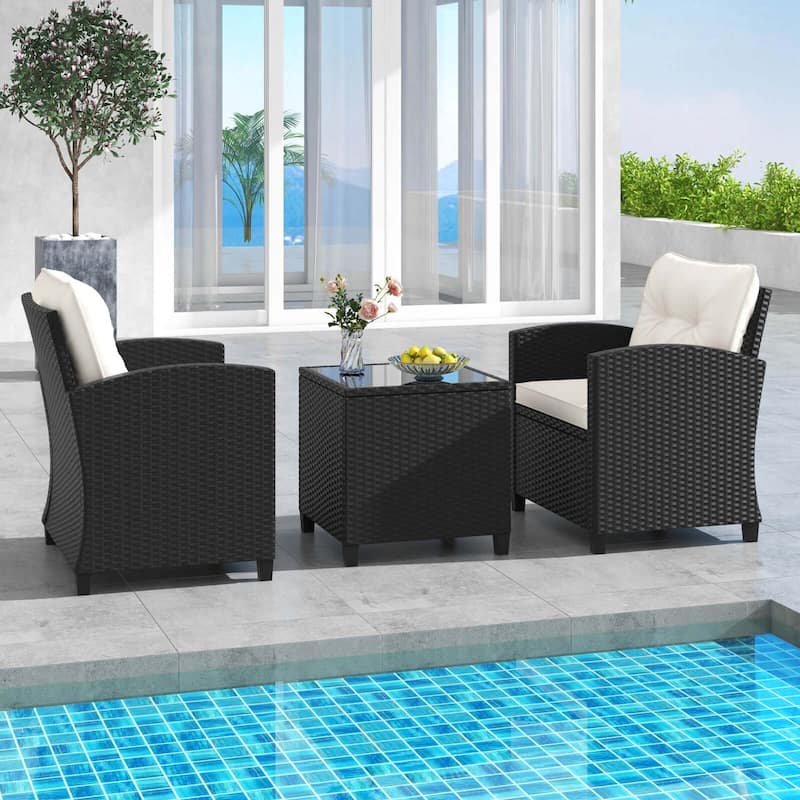 3 PCS Patio Furniture Set Rattan Conversation Set w/ Cushions & Table