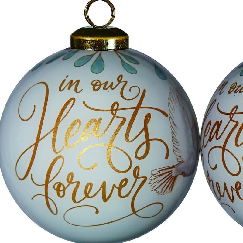 White and Gold In Our Hearts Forever Hand Painted Mouth Blown Glass Ornament - 3" x 3" x 3"