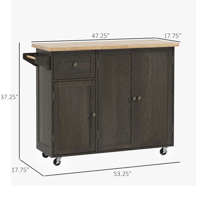 Triple-Cabinet Wood Rolling Kitchen Island on Wheels with Storage Shelf Adjustment, Towel Rack, Big Drawer