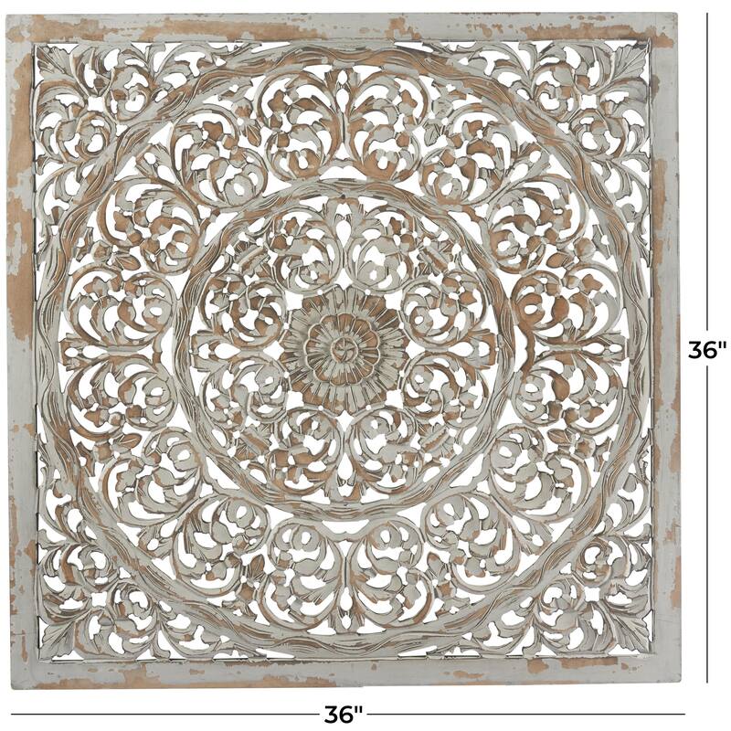 Wooden Floral Handmade Carved Scroll Mandala Home Wall Decor with Brown Distressing - Gray - Roche River Decor