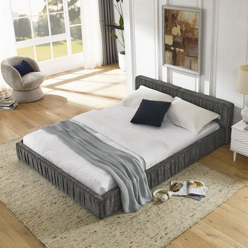 Upholstered Bed Frame with Chenille fabric with pleated design