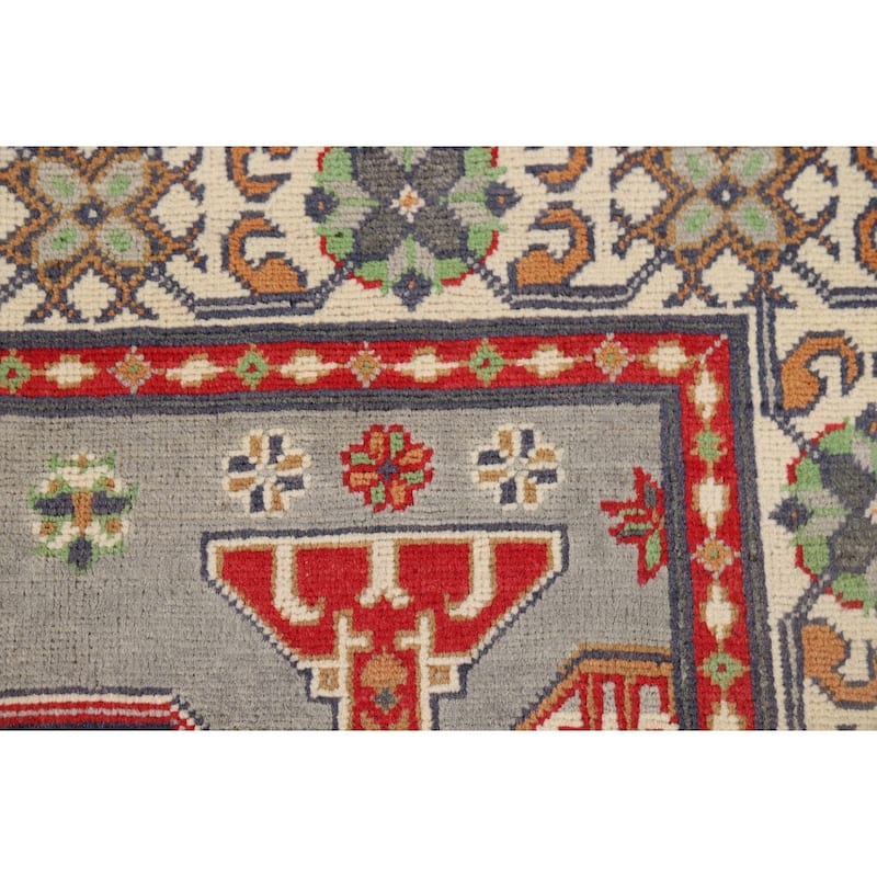 Traditional Grey Kazak Foyer Rug Hand-Knotted Wool Carpet - 3'2" x 4'11"