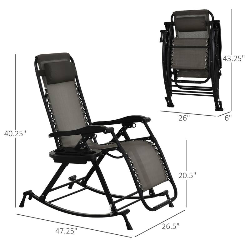 Outdoor Folding Reclining Rocking Chair, Anti-Gravity Rocker with Pillow, Cup & Phone Holder, Sturdy Frame for Patio & Camping