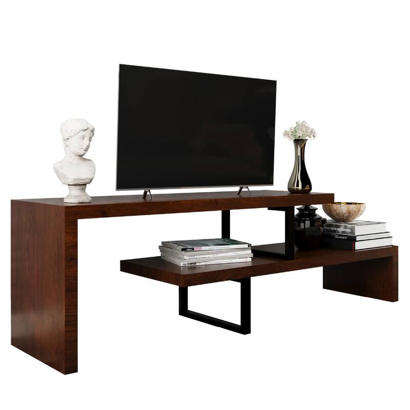 Orford Minimalist Modern MDF Wooden Shelves TV Console Entertainment Stand with Iron Legs Low Maintenance - Walnut