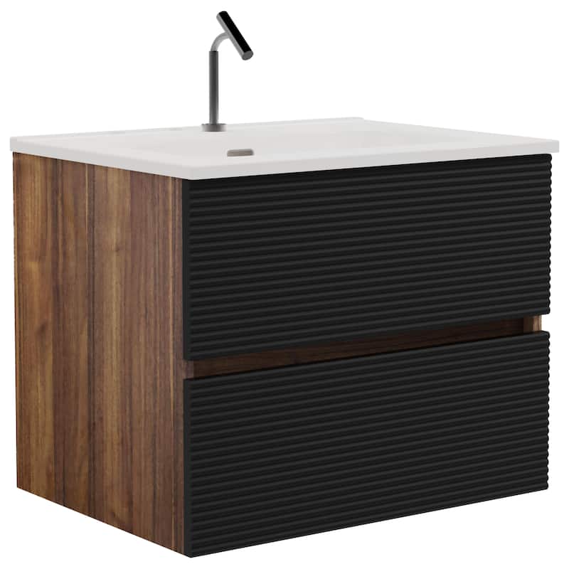 GDFStudio - Nathan Gloria Modern Floating Bathroom Vanity with Integrated Ceramic Basin and Refined Storage Design - Black+Brown - 24" WBathroom Vanity