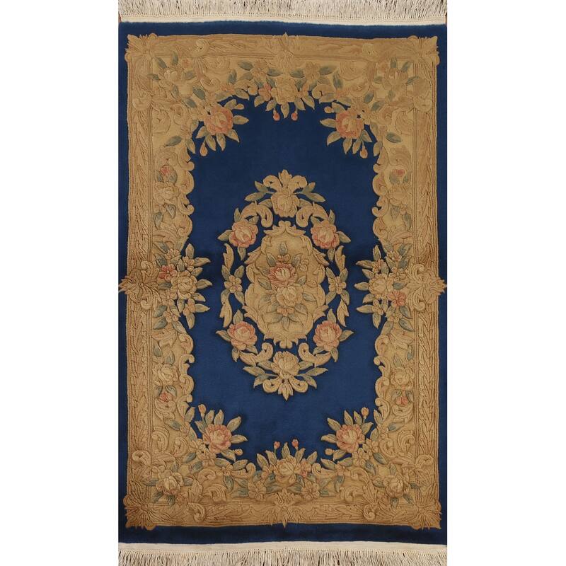 Hand Knotted Oriental 100% Wool Carpet Traditional Floral Navy Blue & Blues Peking Area Rug - 6' 3'' X 4' 2''