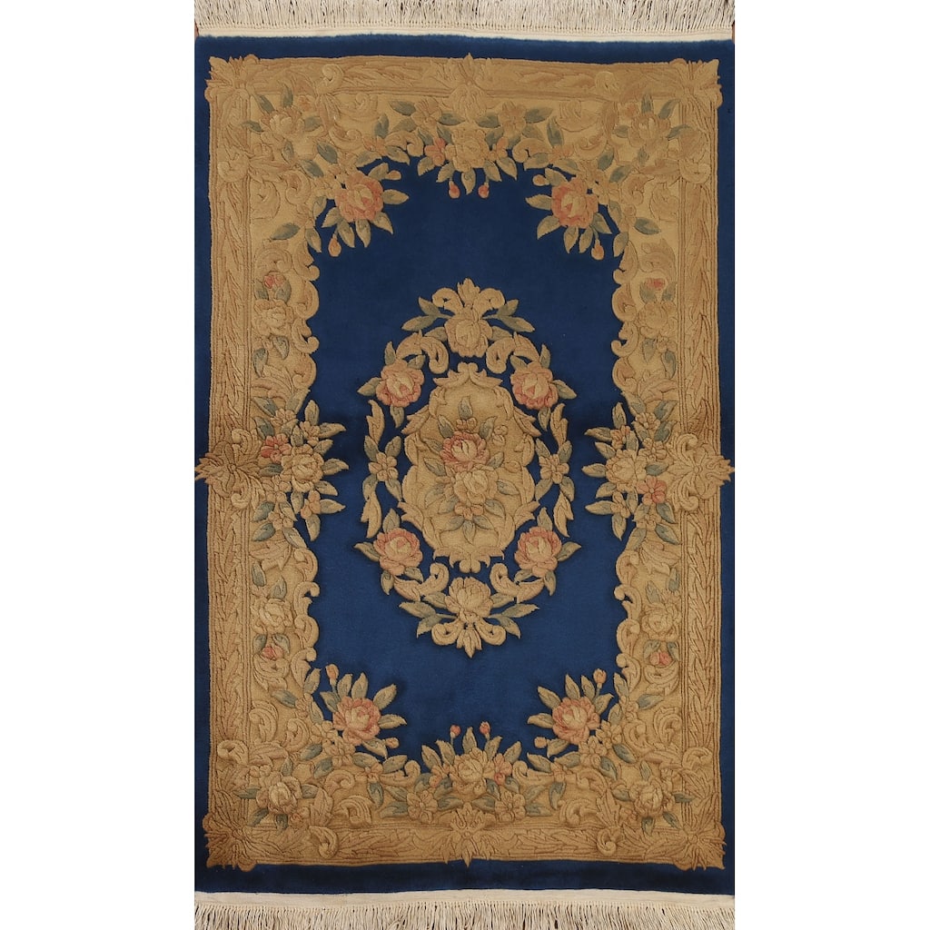 Hand Knotted Oriental 100% Wool Carpet Traditional Floral Navy Blue & Blues Peking Area Rug - 6' 3'' X 4' 2''