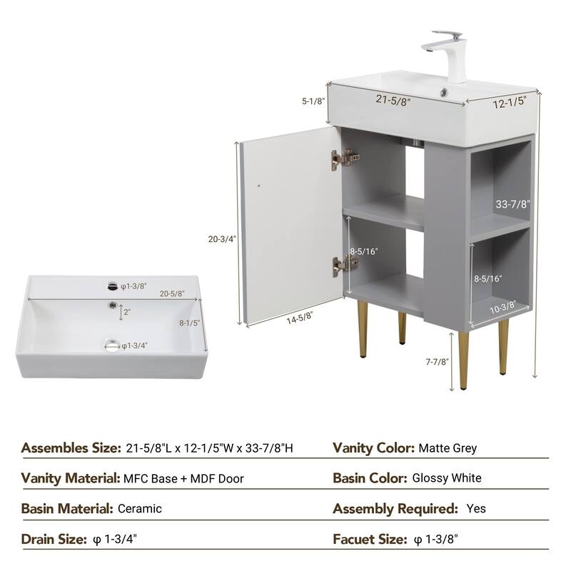 21.6" Open-Shelving Bathroom Vanity with Ceramic Sink and Cabinet