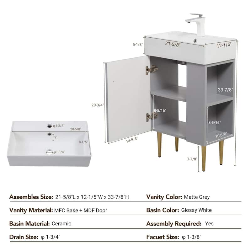 Open-shelving Bathroom Vanity with Ceramic Sink and Soft-Closing Door, Cloakroom Open Shelf Storage Cabinet on the Left Side