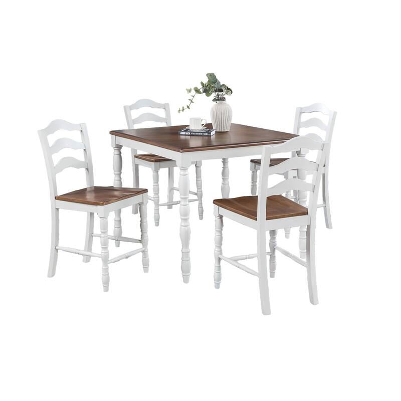 Wood Kitchen Furniture Set, 5 Pcs Counter Height Dining Table Set with Square Table and 4 Chairs with Ladder Back
