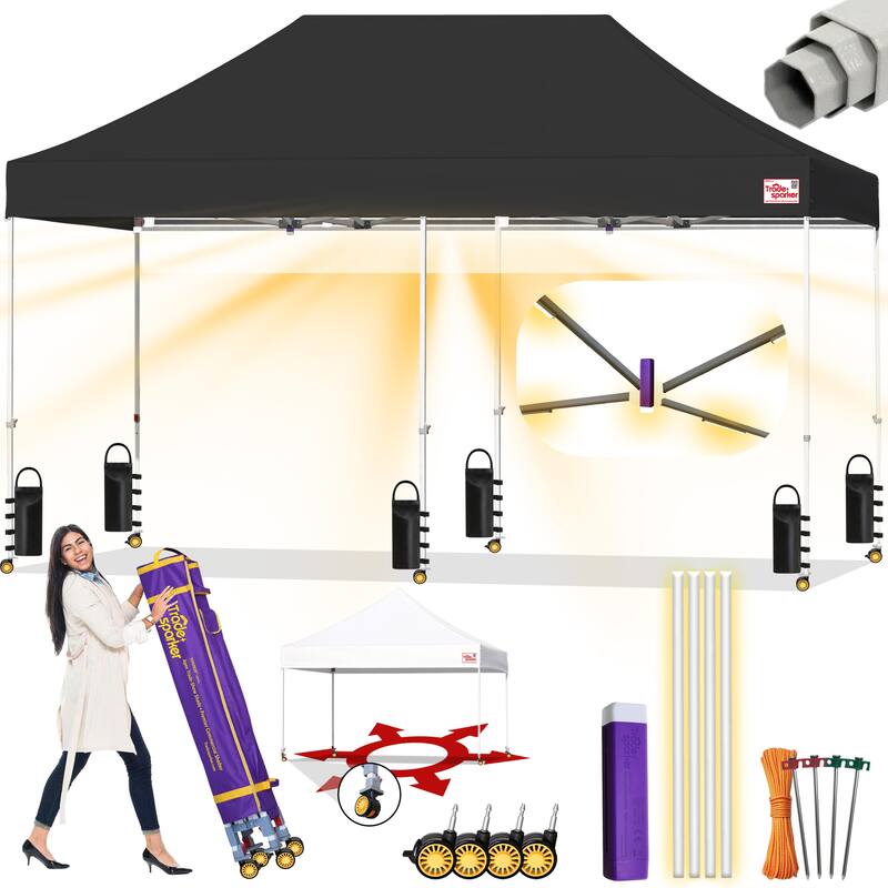 Tradesparker ez Pop-Up Canopy Tent Commercial Instant Shade - 10x20ft without sidewall - Black