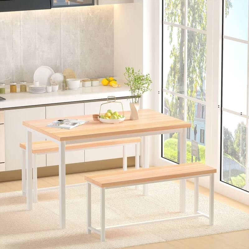 Eureka Industrial 3-piece Dining Set, Modern Kitchen Dining Table with Two Benches for Home, Kitchen, Dining Room, Bar