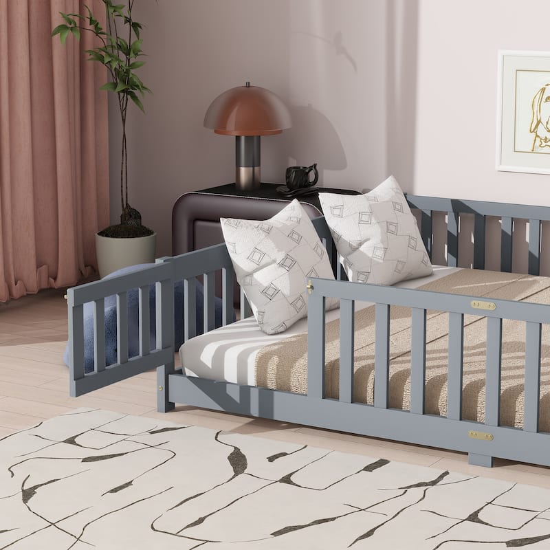 Grey Queen Size Wooden Floor Bed with Fence, Door, Rubber Safety Guardrails