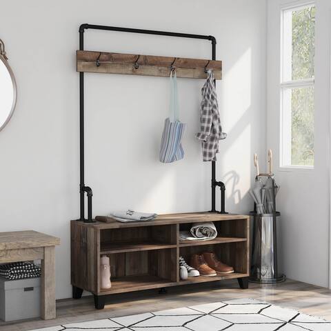 DH BASIC Reclaimed Barnwood Entryway Bench with Coat Rack by Denhour