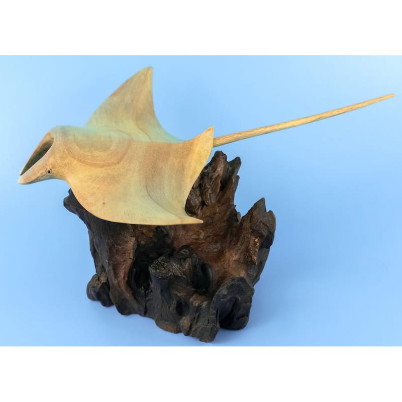 Wooden Hand Carved Stingray on Coral Statue Sculpture Wood Home Decor Accent Figurine Handcrafted Handmade Seaside Tropical N