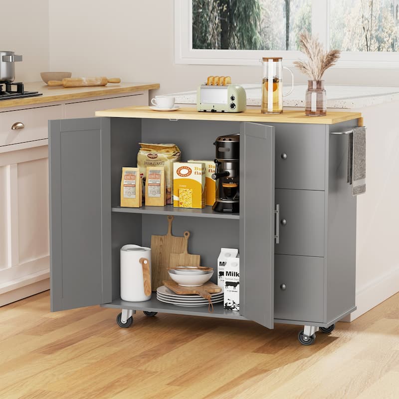 Rolling Kitchen Island with Storage Cabinet & 3 Drawers – Mobile Storage Cart with Extendable Countertop for Small Spaces - Grey