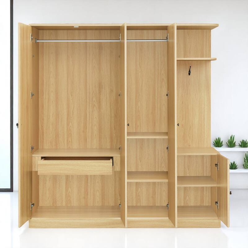 Modern Particle Board Wardrobe with Mirror, 2 Hanging Rails, 1 Drawer, Shelves and Safety Lock, 65.9" Tall