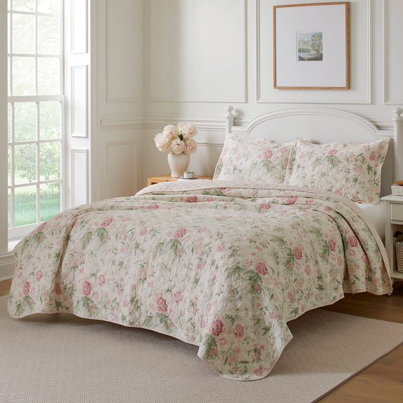 Laura Ashley Breezy Floral Cotton Reversible Quilt Set - Pink/Green - Twin