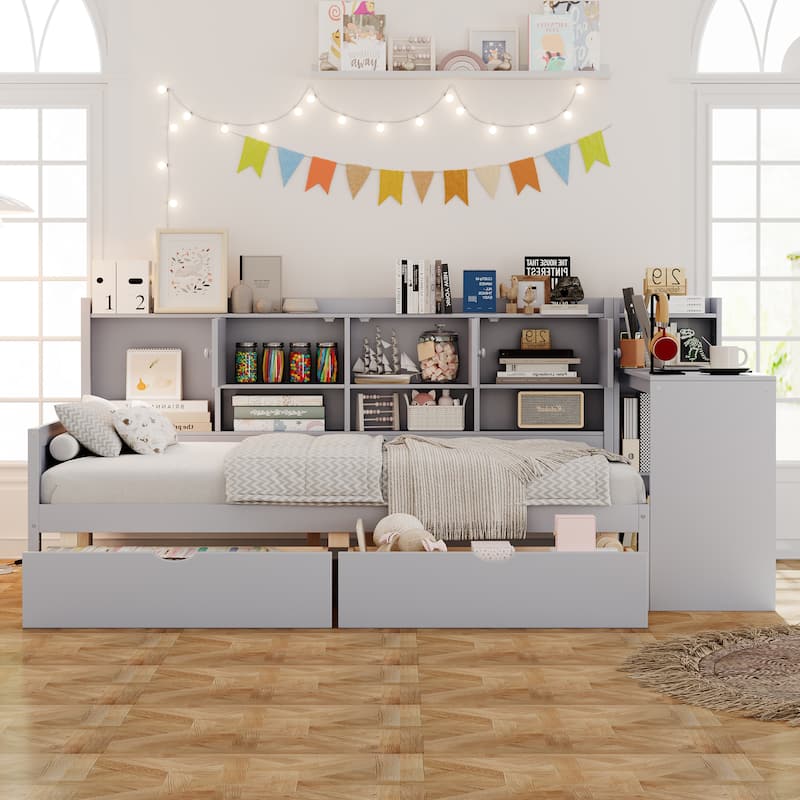 Full Size Daybed with Storage 3 Cabinets and 2 Drawers, Wooden L-Shape Daybed Frame with Study Desk and Built-in Bookshelf